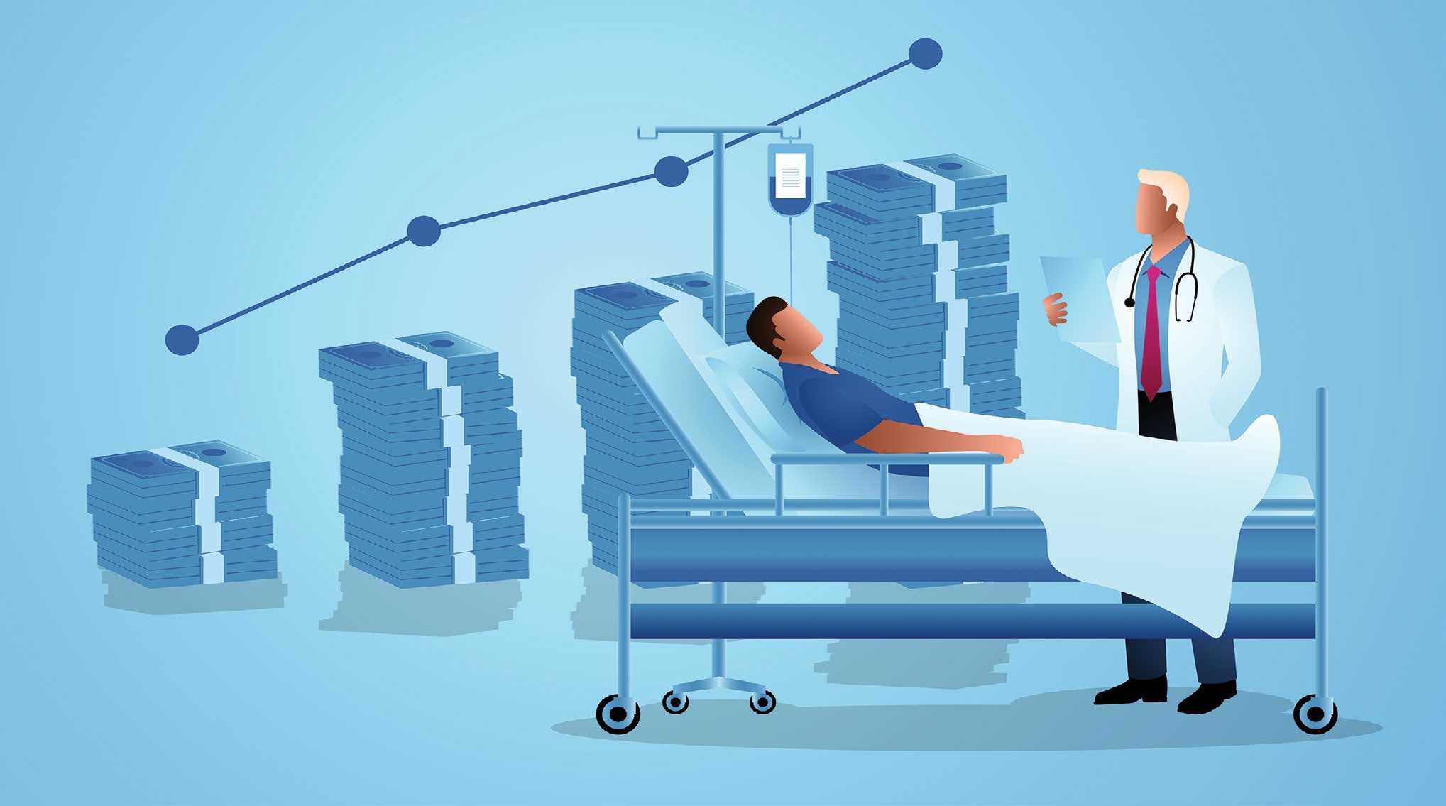 Vector illustration of a doctor visiting a patient with a rising bar graph made of money stacks in the background.
