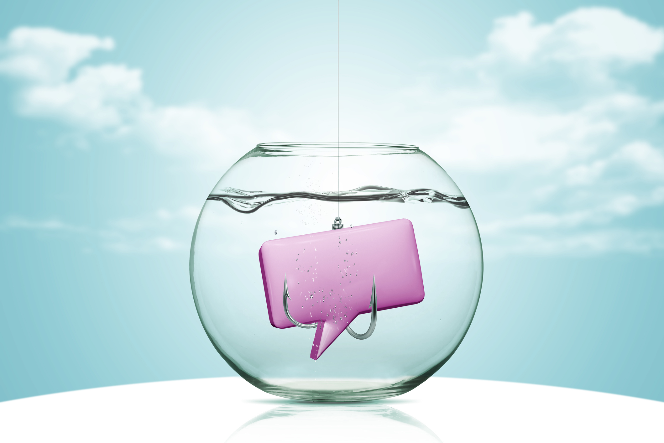 An animated message bubble inside a fishbowl with several fishing hooks attached.