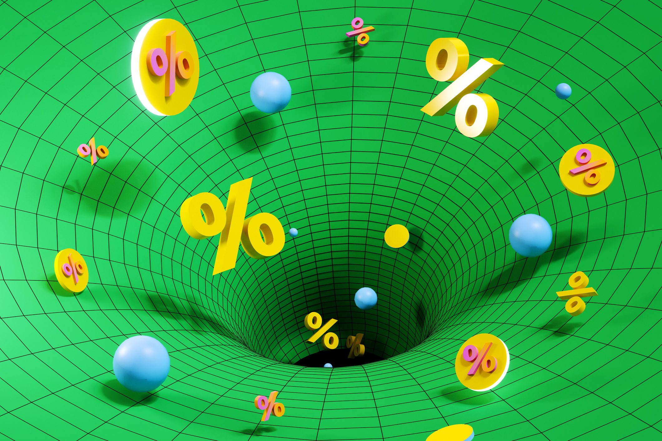 Conceptual illustration of money being pulled into a green vortex surrounded by percent signs.