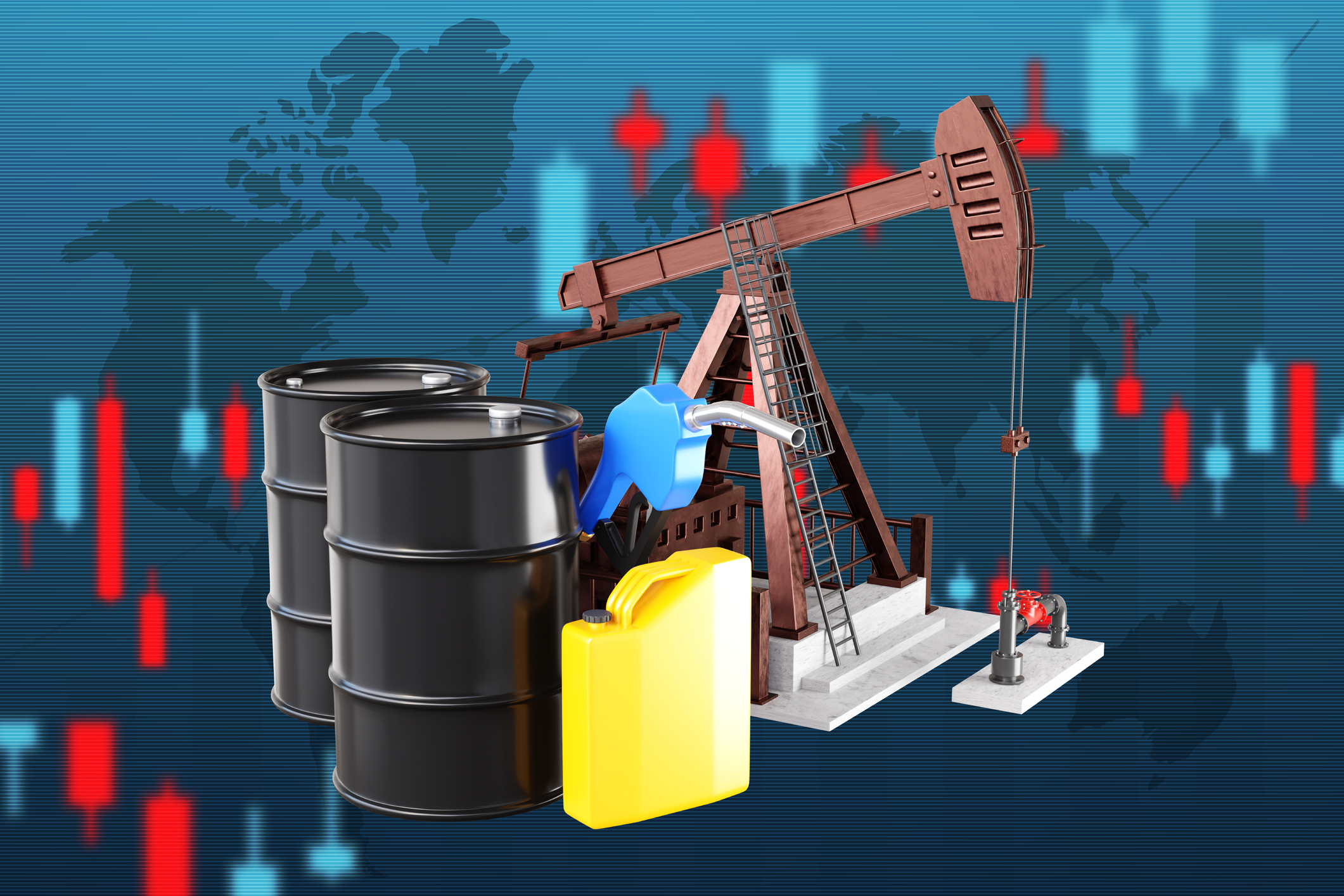 An oil pump jack and barrels overlaid on a financial candlestick chart showing price fluctuations.