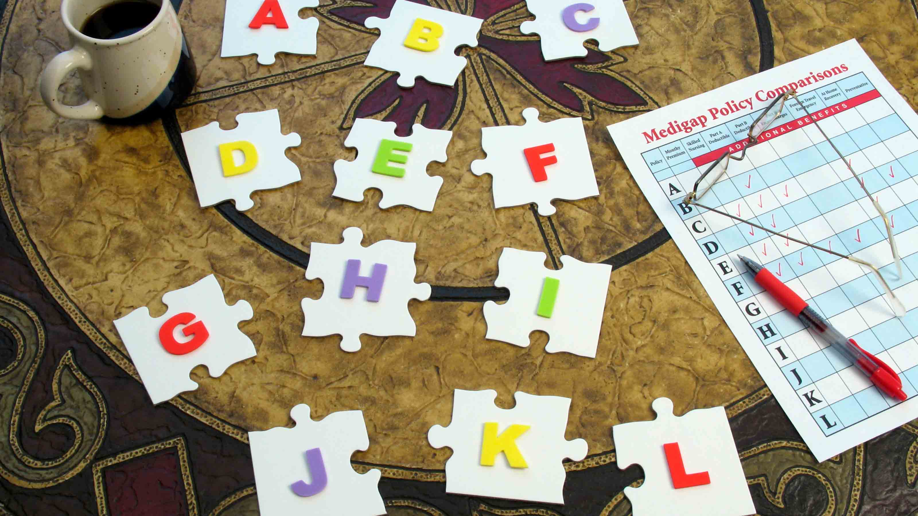 Puzzle pieces labeled with Medicare Medigap alphabetical plan letters.
